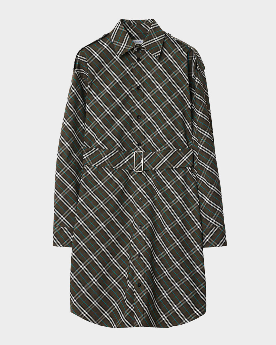 Check Long-Sleeve Belted Shirtdress